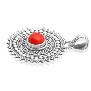 Sterling Silver 7mm Round Shape Indian Coral Pendant