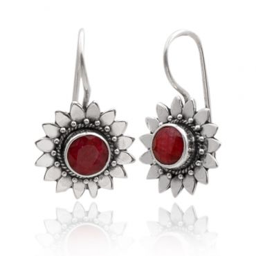 Sterling Silver 8mm Round Shape Indian Ruby Drop Earring