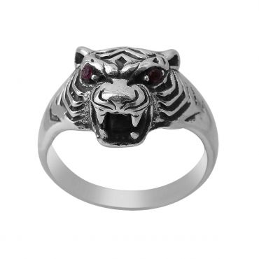 Sterling Silver Red Eye Angry Lion Ring